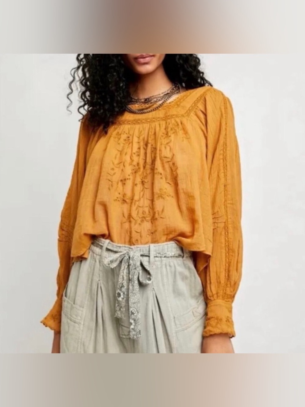 ✨ FREE PEOPLE Mustard Embroidered Boho Peasant Top Large ✨